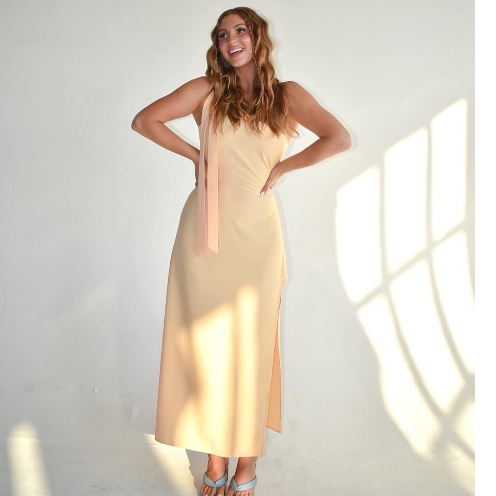 The Drop x Caroline Crawford Patterson Peach Cowl Neck Lace Up Midi Dress Medium